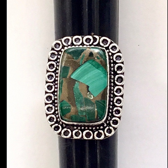 Copper & Malachite Gemstone Ring Square Cut - Picture 9 of 9